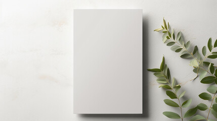 empty white vertical rectangle poster mockup with leaves on white background