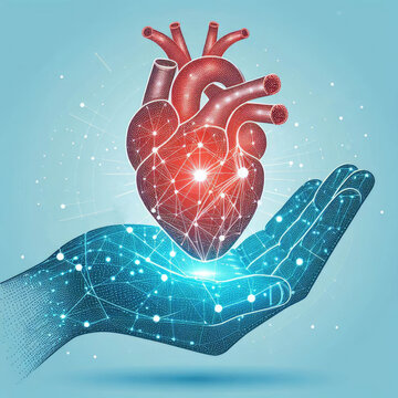 digital of glowing polygonal human heart held in two cupped hands, intricately connected by a network of points against a serene blue backdrop
