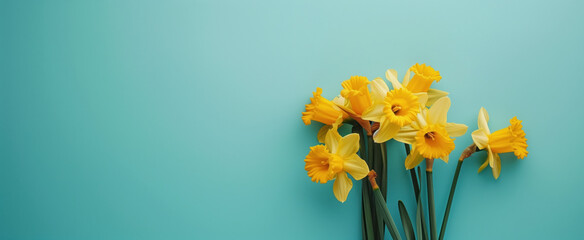A bunch of yellow daffodils against a turquoise isolated background with room for text, suitable for a header. Representing daffodil day, cancer council society. 