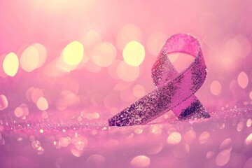 World pink day concept, glitter pink ribbon in front of a pastel pink background.
