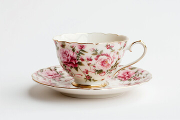 A white, fine bone china tea cup and saucer with pink roses and a gold handle on a white isolated background. 