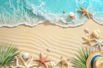 Fototapeta na wymiar Top view sand beach background with beach vacation symbols. Generative AI.