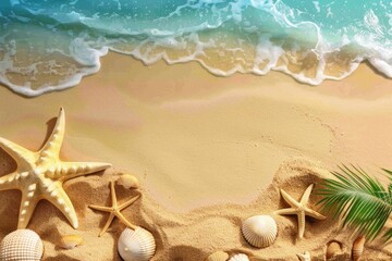 Fototapeta na wymiar Top view sand beach background with beach vacation symbols. Generative AI.