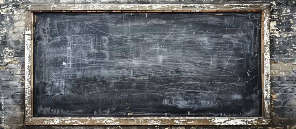 Poster a rectangular blackboard with a wooden frame is mounted on a brick wall, blending traditional buildi