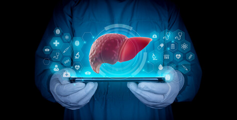 The doctor studies and analyzes cirrhosis and hepatitis of the liver on his tablet. Hepatologist...