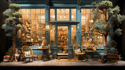 A delightful storefront window entices with its whimsical showcase, welcoming onlookers into a realm of curated delights and captivating tales conveyed through thoughtfully arranged treasures - obrazy, fototapety, plakaty