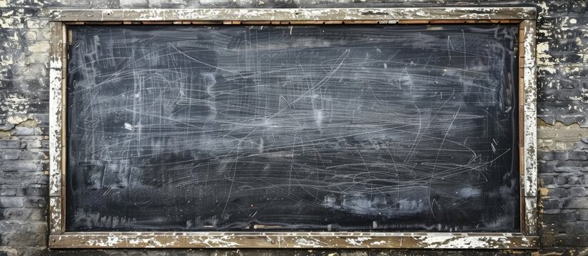 A rectangular blackboard with a wooden frame is mounted on a brick wall, blending traditional building materials with modern composite materials for a unique artistic display