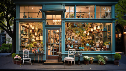 A delightful storefront window entices with its whimsical showcase, welcoming onlookers into a realm of curated delights and captivating tales conveyed through thoughtfully arranged treasures - obrazy, fototapety, plakaty