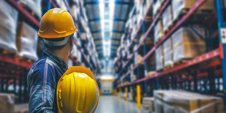 Concept of Business Logistics In order to ensure worker security with modern trade warehouse logistics, an engineer or worker should wear a yellow helmet twice.