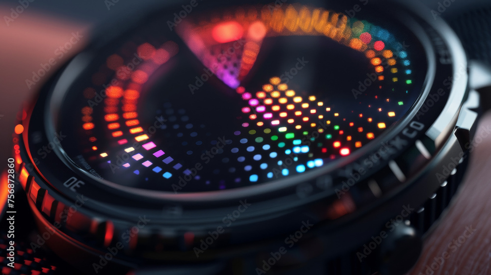 Poster a closeup of a hightech watch with a sleek black s and a digital face displaying constantly changing