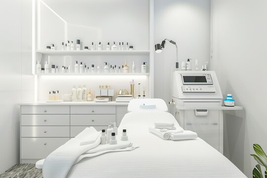 Rejuvenating facial treatment room with state-of-the-art equipment and calming skincare products, providing a serene space for skincare rituals, on isolated white background, Generative AI
