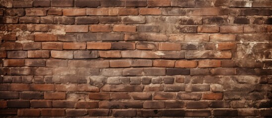 Fototapeta premium A detailed shot of a weathered brown brick wall showcasing the intricate brickwork and mortar. The composite material resembles a sturdy building material