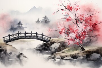 Capture the essence of Japanese brush painting with a sumi-e background, showcasing elements like pathways, Generative AI