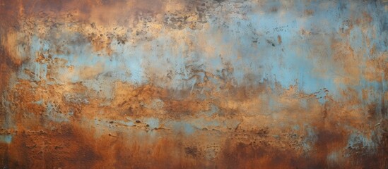 An artistic close up of a rusty metal wall against a blue sky, highlighting the natural landscape with tints of brown, woodlike pattern, and shades