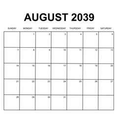 august 2039. monthly calendar design. week starts on sunday. printable, simple, and clean vector design isolated on white background.