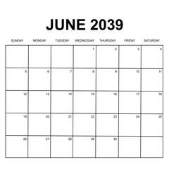 june 2039. monthly calendar design. week starts on sunday. printable, simple, and clean vector design isolated on white background.