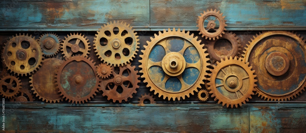 Poster a collection of rusty gears, resembling a pattern of circles, is displayed on the wall. some are lar
