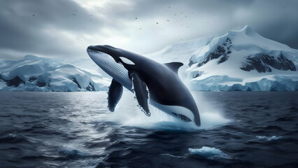 a large black and white whale jumping out of the water, killer whale