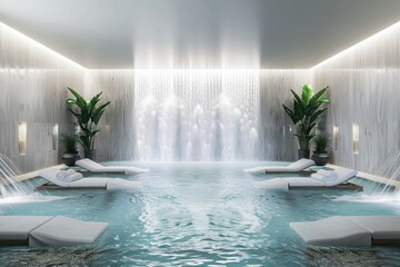 Serene hydrotherapy pool area with cascading water features, tranquil lighting, and comfortable loungers, providing therapeutic benefits for relaxation and muscle relief, on isolated white background,