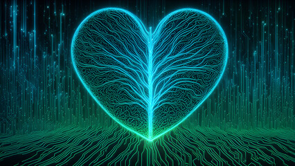 Digital heart, a heart shape made of digital signals, artificial intelligence technology concept
