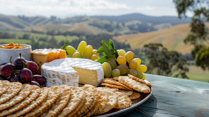 A tray of crisp crackers artis cheeses and charerie spreads set up against a backdrop of rolling hills and blue skies. - obrazy, fototapety, plakaty