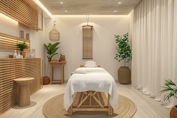 Tranquil massage room with soft lighting, soothing decor, and a comfortable massage table, creating a serene ambiance for relaxation, on isolated white background, Generative AI