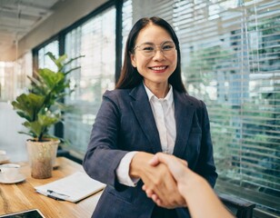 Happy mid aged business woman manager handshaking greeting client in office. Smiling female executive making successful deal with partner shaking hand at work standing at meeting table.