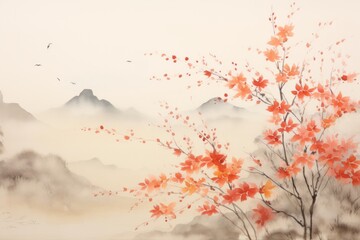 Immerse yourself in the poetic beauty of a sumi-e painting background, showcasing, elements such as autumn leaves, Generative AI
