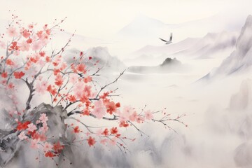 Immerse yourself in the poetic beauty of a sumi-e painting background, showcasing, elements such as autumn leaves, Generative AI - obrazy, fototapety, plakaty