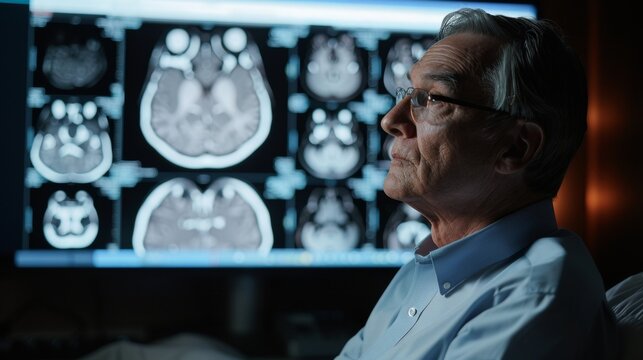 A man sits in a darkened room facing a large display screen as the radiologist explains the images of his CT scan. His brow furrowed he listens intently as she describes the