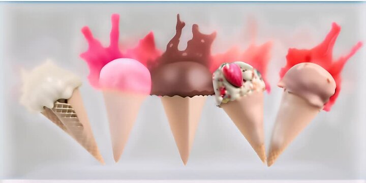 rendering. 3d path clipping include background white on cone the in splash cream Ice strawberry pink and milk vanilla Chocolate 