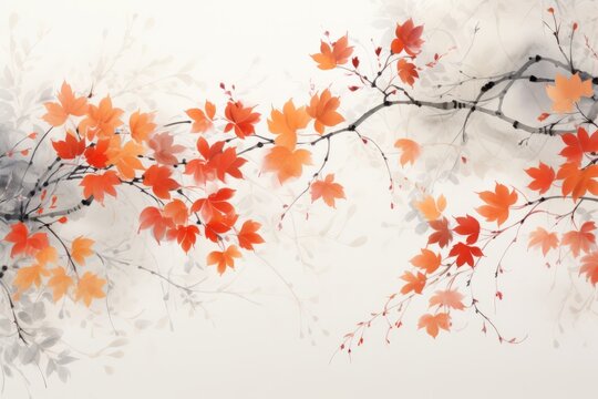 Immerse yourself in the poetic beauty of a sumi-e painting background, showcasing, elements such as autumn leaves, Generative AI