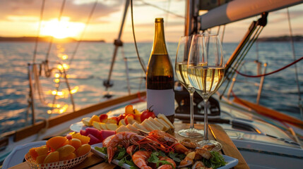 A picnic on a sailboat with a variety of hors doeuvres fresh seafood and chilled wine as the couple sails into the sunset and the proposal is made with the waves as witness. - obrazy, fototapety, plakaty