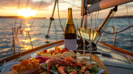 Rolgordijnen A picnic on a sailboat with a variety of hors doeuvres fresh seafood and chilled wine as the couple sails into the sunset and the proposal is made with the waves as witness. © Justlight
