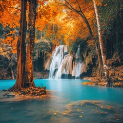 Waterfall in autumn forest at Erawan National Park, Thailand