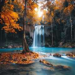 Waterfall in autumn forest at Erawan National Park, Thailand