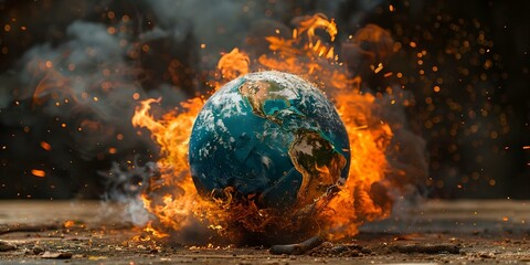 Burning Globe: A Visual Metaphor for Global Warming's Planetary Devastation. Concept Climate Change, Earth Destruction, Environmental Crisis, Catastrophic Events, Impact of Global Warming - obrazy, fototapety, plakaty