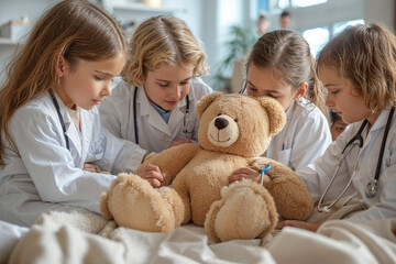 A group of children dressed in white lab coats are playing with a teddy bear
