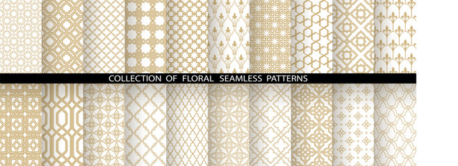 Geometric set of seamless golden and white patterns. Simple vector graphics