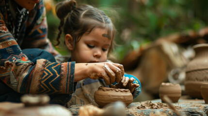 A young child playing with clay while an elder guide their hands teaching them the traditional ods of creating healing objects. - obrazy, fototapety, plakaty