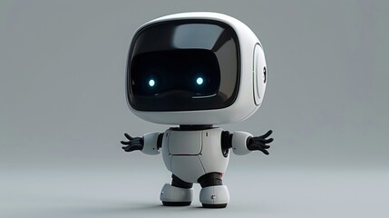 A little cute robot, white robot, eyes smile, big head, small body, lively movementsy, raised arms, spreading his hands to introduce, full-body shot