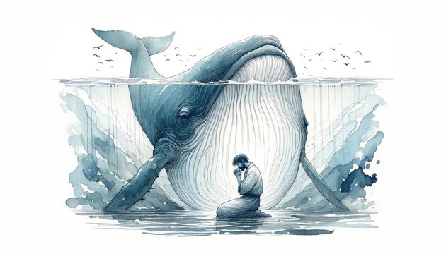 Jonah and the Whale. Watercolor illustration of a man looking at a whale in the ocean and praying. Digital illustration.
