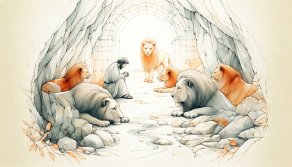 Daniel in the lions' den. Daniel and the Very Hungry Lions. Digital illustration. - obrazy, fototapety, plakaty
