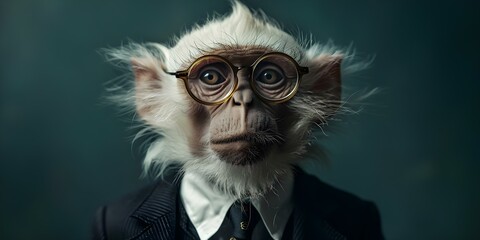 Anthropomorphic white monkey in stylish suit and tie poses confidently for camera. Concept Fashion, Lifestyle, Animal Photography, Creative Portraits