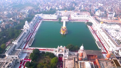 The Golden Temple also known as the Harimandir Sahib Aerial view by DJI mini3Pro Drone city of...