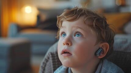 Young boy with hearing aid at livingroom - obrazy, fototapety, plakaty