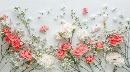 Bunch of carnation flowers and gypsophila flowers arranged over plain background with background,generative ai, generative,ai