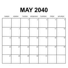 may 2040. monthly calendar design. week starts on sunday. printable, simple, and clean vector design isolated on white background.