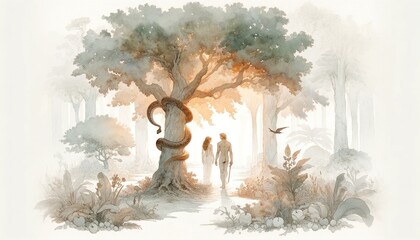 Adam and Eve in the garden of Eden. Digital illustration. Man and woman in a beautiful garden with a snake on a tree.