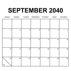 september 2040. monthly calendar design. week starts on sunday. printable, simple, and clean vector design isolated on white background.